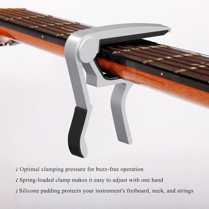 DIDA Guitar Capo for Acoustic, Classical, Electric Guitars, Ukulele, Mandolin, Banjo, and other string musical instruments, Quick Release, Memory Silicone Pad, Buzzing-Free (Black & Silver) - Image 5